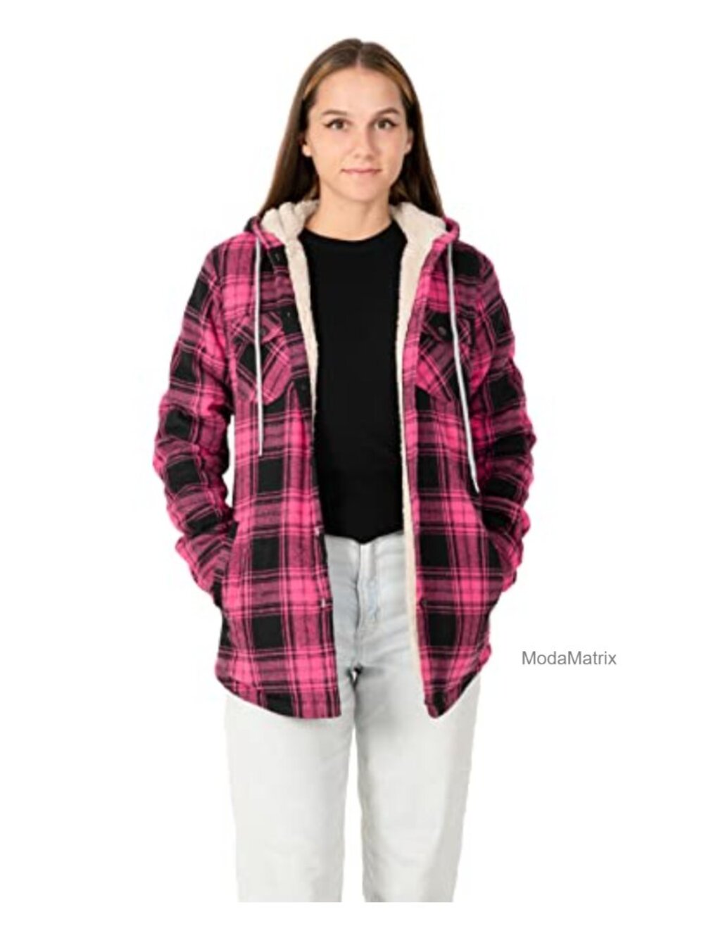 Sherpa Lined Plaid Flannel Jacket Hooded Button Down Women's